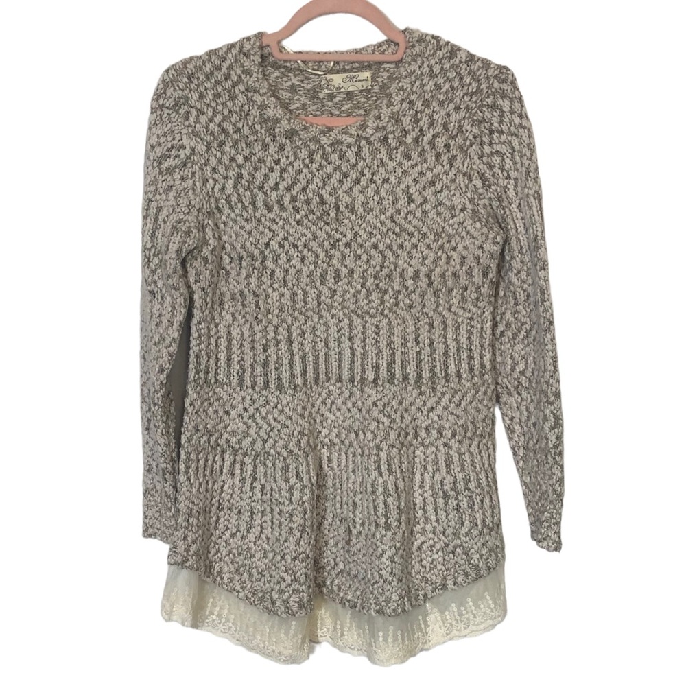 Mixumi, Pullover, knit sweater with lace skirt/hem, size S, Cream/khaki, NWOT